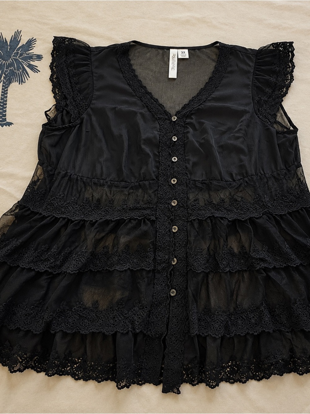 ADIVA 3X Black Sheer Lace Tiered Babydoll Boho Top Gothic - Picture 2 of 4